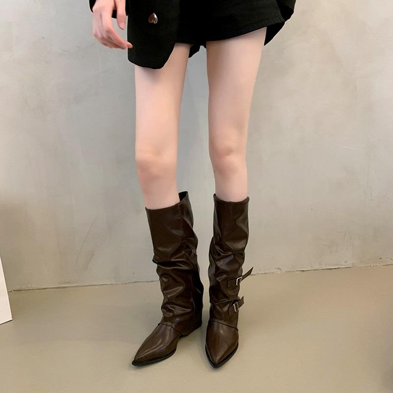 

Пряжка на поясе~ Брюки, сапоги, сапоги на толстом каблуке, длинные сапоги, женские сапоги Spice Girl, высокие сапоги, заостренные черные брюки, сапоги Fried Street 40 темно-коричневого