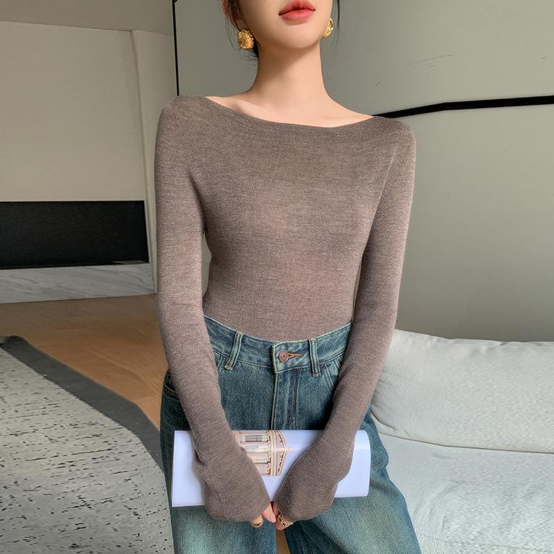 2025 Women's 100% Wool Seamless Slim Fit One-Shoulder Fine Knit Sweater, Machine Washable, 18 Gauge Yangzi Yarn