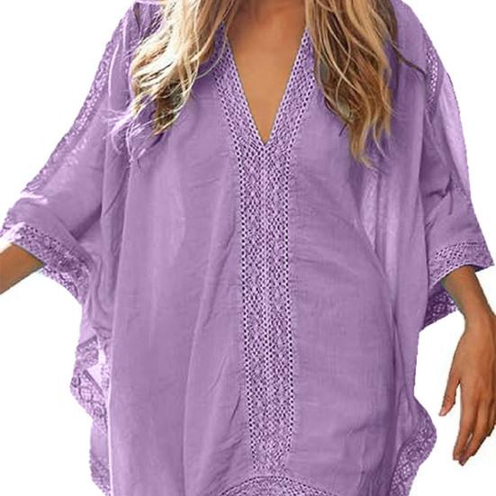 Beach Cover Up V-Neck Half Sleeve Splicing Design Bikini Swimsuit Cover Up Solid Color Beachwear Summer Accessories