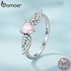 BAMOER 925 Silver Angel Wing Ring for Women Retro Feather Pink Heart Zircon Eternity Band Ring Anniversary Jewelry Gift