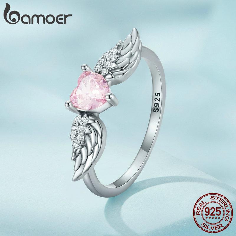 BAMOER 925 Silver Angel Wing Ring for Women Retro Feather Pink Heart Zircon Eternity Band Ring Anniversary Jewelry Gift