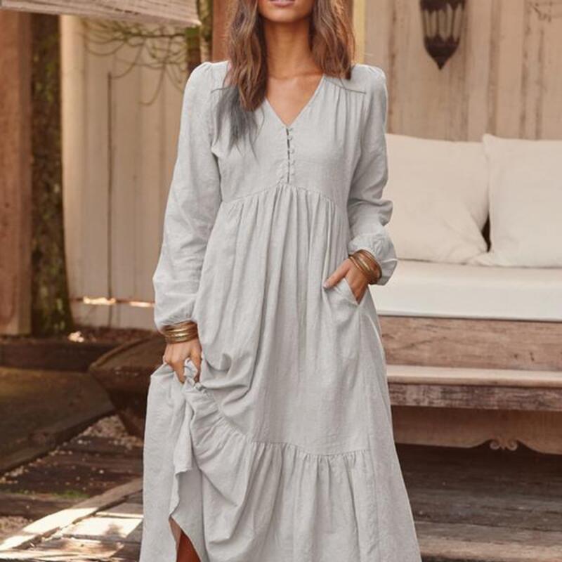 Spring and Autumn Dress Cotton and Hemp Retro Casual Long Sleeve Skirt