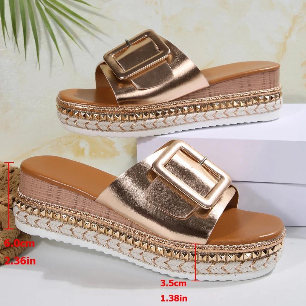 Fashion Fashion Buckle Women's Shoes Thick-Soled Slippers 2025 Summer Wedges Sandals Plus Size 36-43 Women Chic Rivets Platform Slides