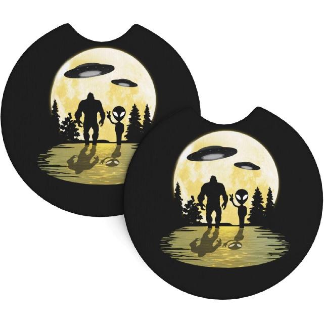 

Sasquatch Bigfoot Trees Forest Car Coasters for Cup Holders Pack of 2 Neoprene Cup Mat Pad Vehicle Interior Accessories for Men Women Alien And Bigfoot Moon