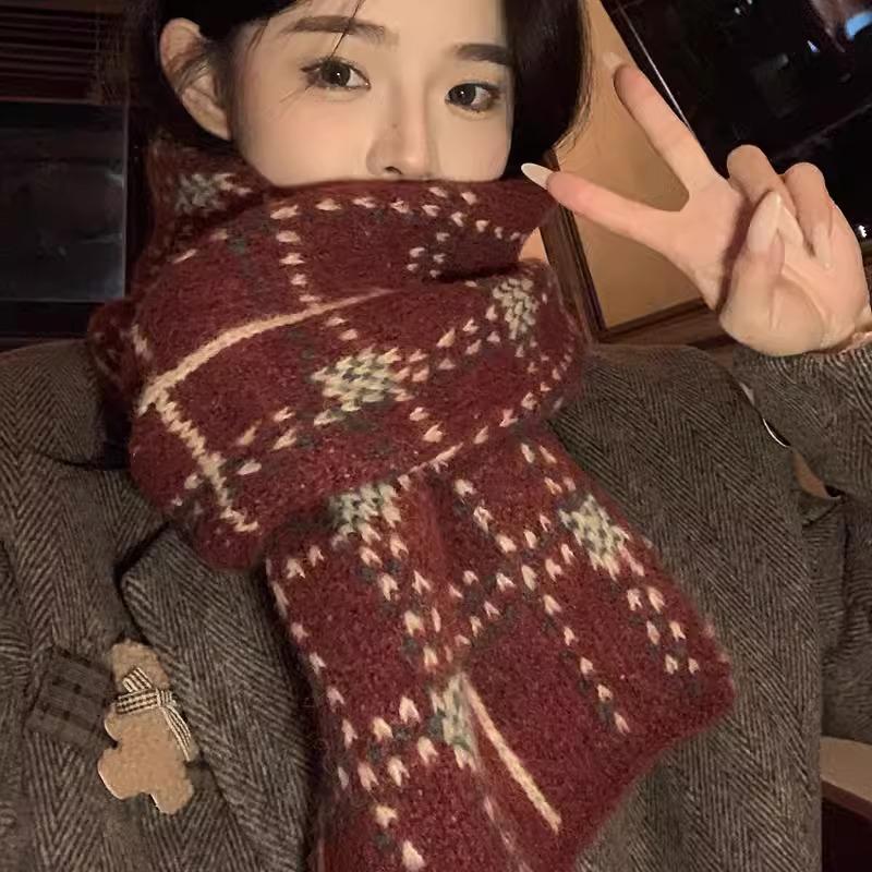 New New Year's Christmas atmosphere red scarf women's winter retro warm versatile wool knitted scarf