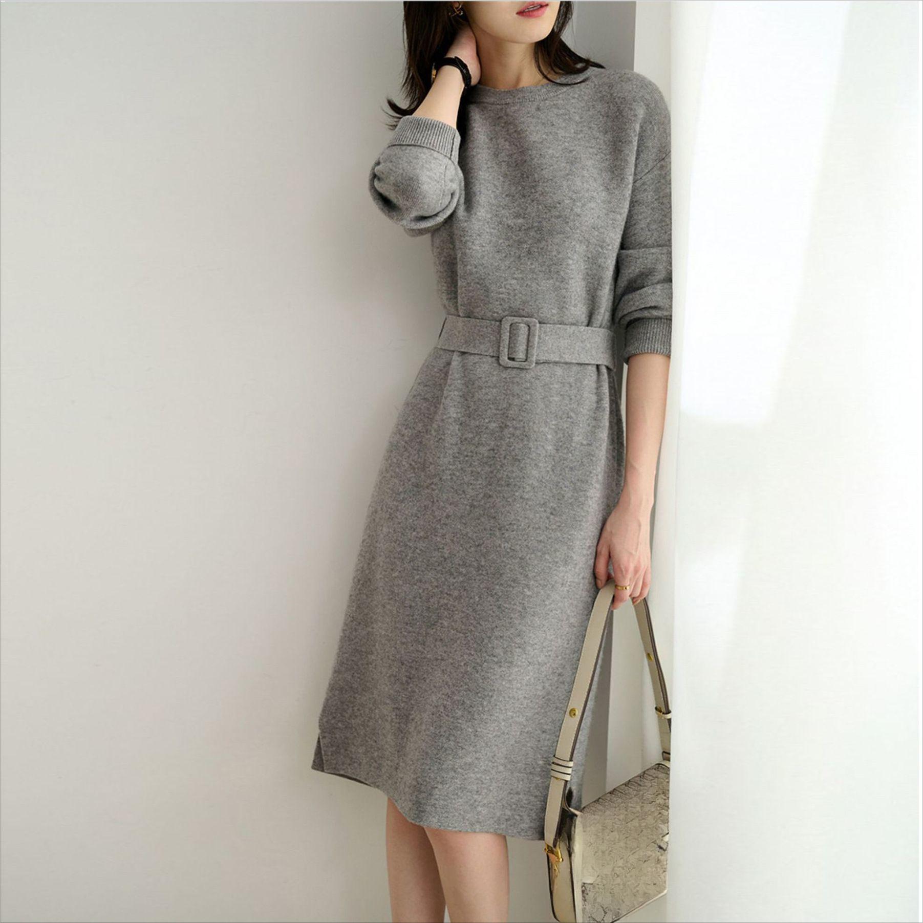 

Вязаное платье для женщин Осень и Зима Круглый вырез Длинный рукав Платье миди Однотонное Повседневное Приталенное Французское платье 3XL