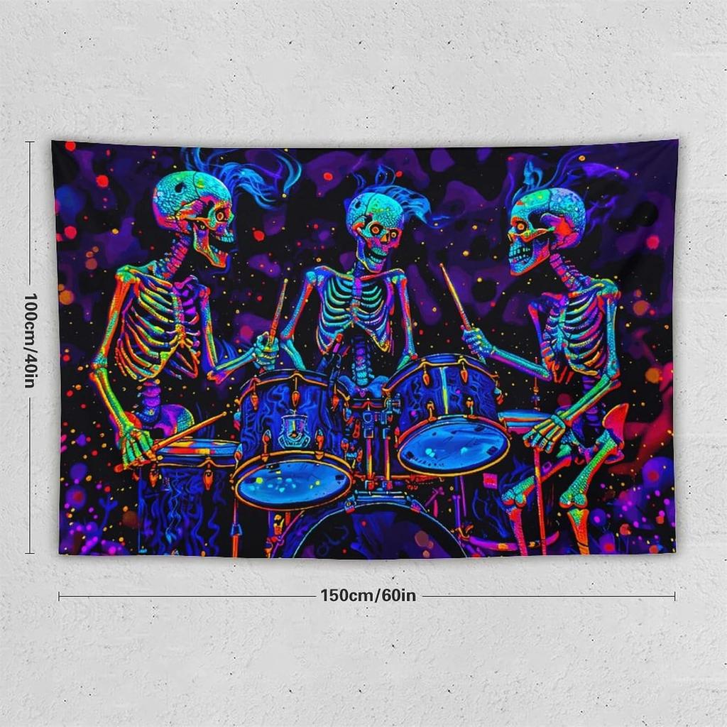 CJSLIFEART Blacklight Skull Tapestry Percussion Small Concert Fluorescent Starry Sky Bedroom Tapestry Background Wall Decoration