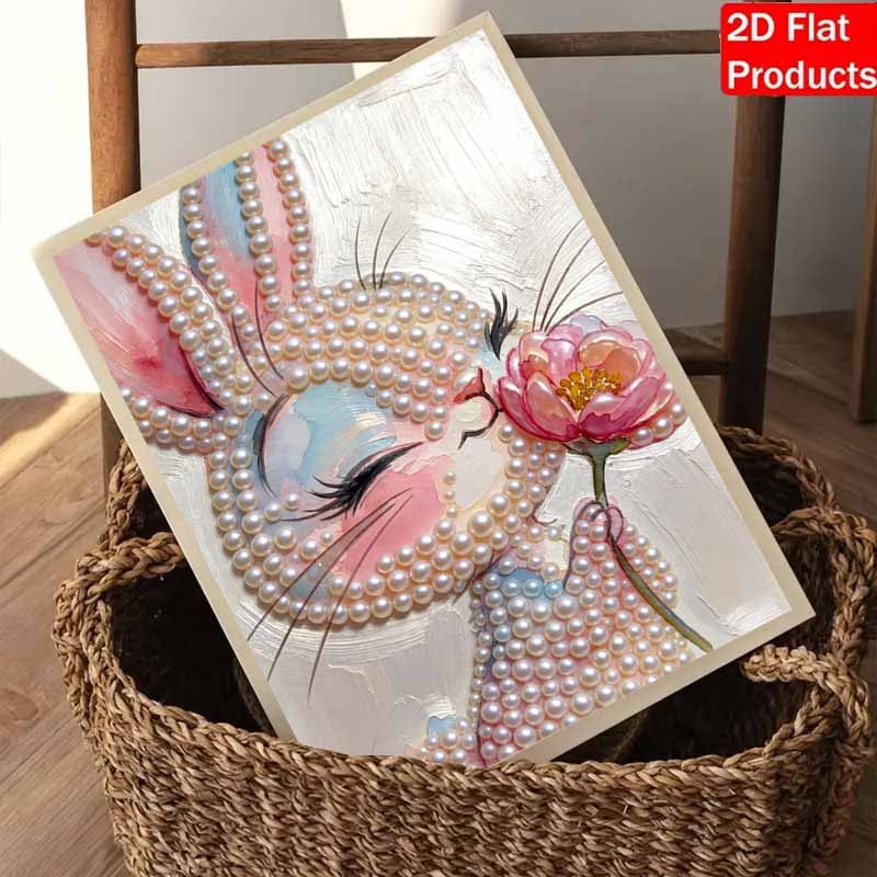 DIY Pearl Painting Canvas Bunny With Flower Design Shiny 3D Bead Art Kit Creative Leisure Craft for Living Room Wall Decor