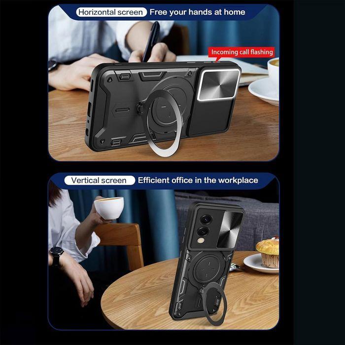 Protective Case - BOOLING - for Samsung Galaxy S25 Edge - Black - Shockproof - Sliding Camera Protection with Stand