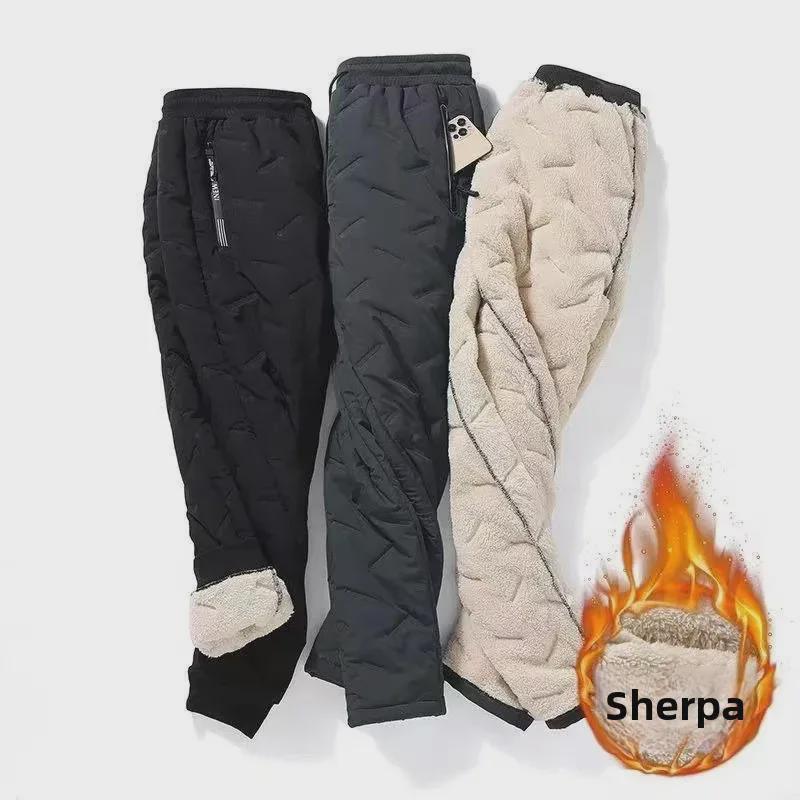 Men's Winter Windproof Waterproof Fleece-Lined Lambskin Pants with Drawstring Legs