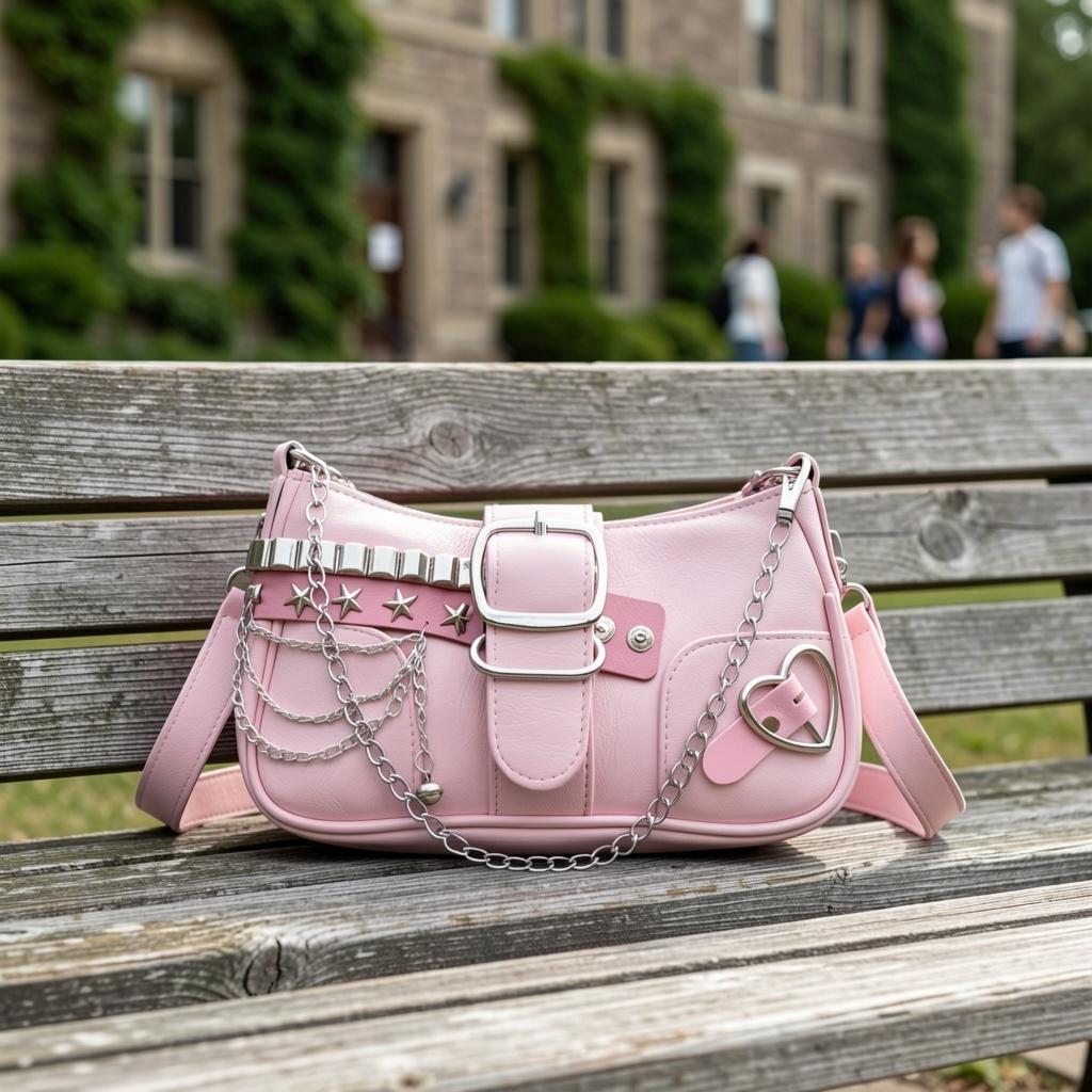 A Stylish Y2K Pink Crossbody Bag with a Chain Pendant - a Sweet and Cool Style Crossbody Bag, Perfect for Both School and Everyday Commuting.