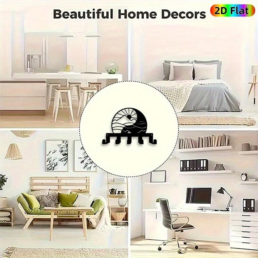 Zen Yin Yang Moon Key Holder Heavy Iron Metal Wall Art 5 Hooks Asian Decor Gift