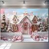 2D flach 1 Stück rosa Weihnachtshaus-Hintergrund mit Süßigkeiten und Schneeszenen - Banner für Feiertagspartys Hochzeiten Geburtstage