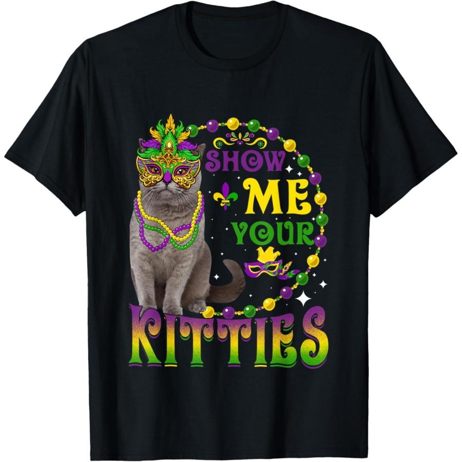 Show Me Your Kitties Cute Mardi Gras British Shorthair Cat T-Shirt for Men Women XXXXXL чёрный