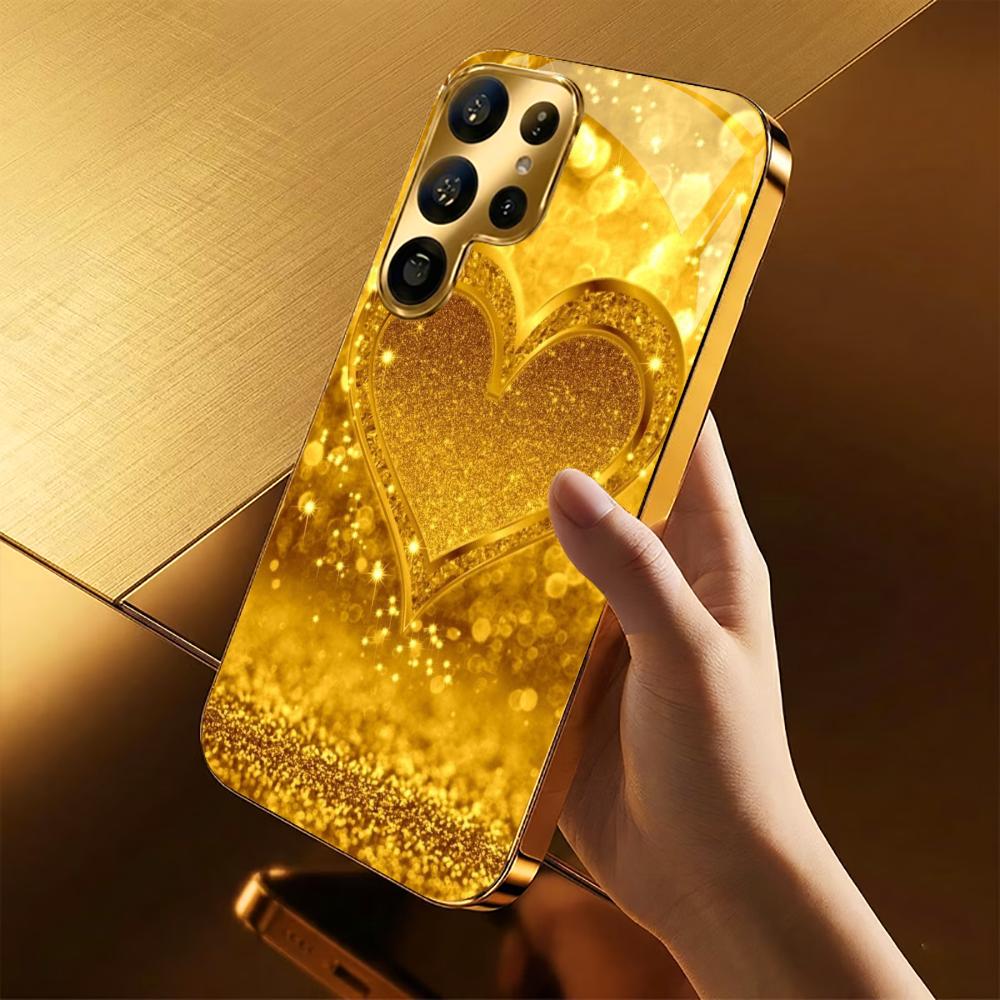 Extra-large golden heart Glass PhoneCase for Samsung Galaxy S26 S25 S24 S23 S22 FE Ultra Plus Built-in glass Gold Exquisite