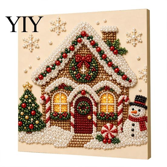 Numbered Canvas Painting Christmas Faux Pearl Art Kit, Santa Snowy Cottage DIY Kits for Adults 3D Bead Craft Set Adults, Home Winter Holiday