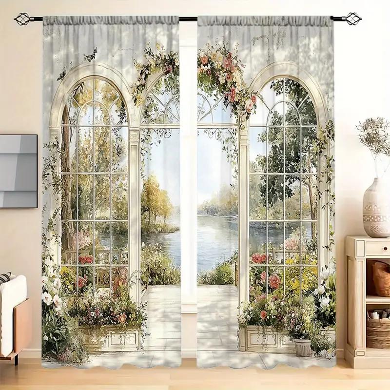 2PCS 2D flat curtains, polyester material, courtyard lake printing art design, bedroom, home decoration
