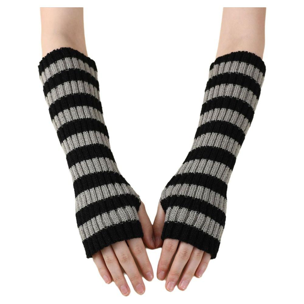 Elbow Length Long Fingerless Gloves Striped Knitted Gloves Wrist Sleeves  Cosplay Use
