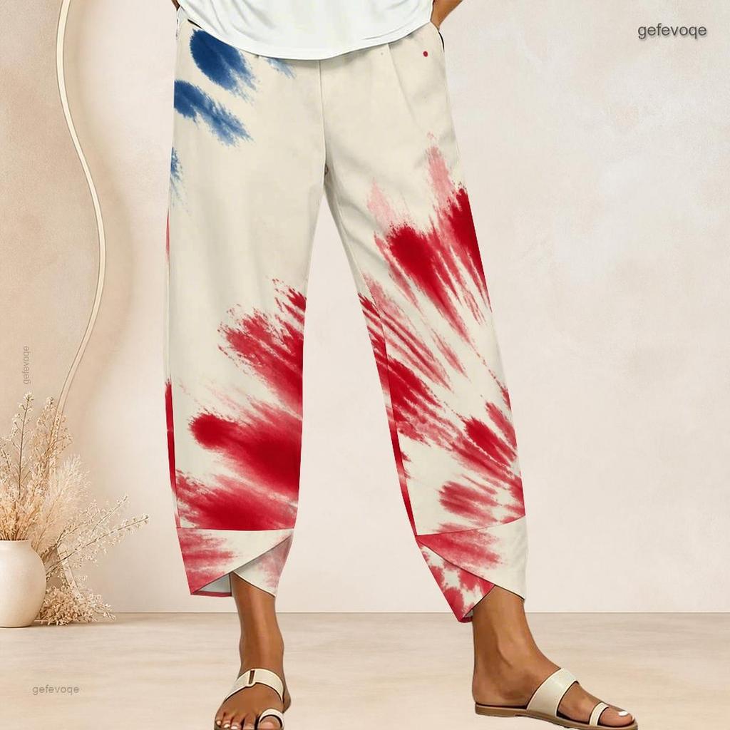 Women Plus Size Cross Hem Long Pants Burst Star Glitter Patriotic Print Loose Casual Trousers
