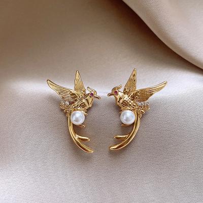 Zinc Alloy Needle Zircon Pearl Bird Earrings for Women New Chinese Retro Stud Earring Light Luxury High-end Zircon Gifts