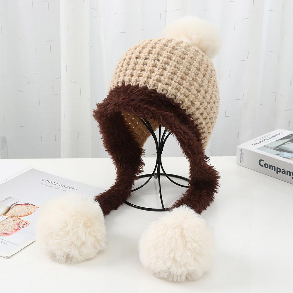 

Уличная повседневная шапка с большим помпоном, зимняя бархатная ветрозащитная теплая вязаная шапка, модная шерстяная шапка для женщин