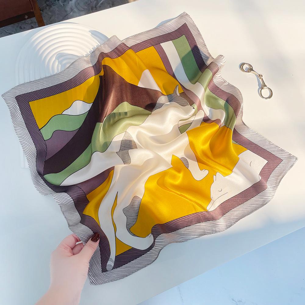 Spring Cartoon Cat Print Plain Crepe Satin Mulberry Silk Silk Scarf Female Elegant Versatile 100% Silk Scarf Shawl 53cm