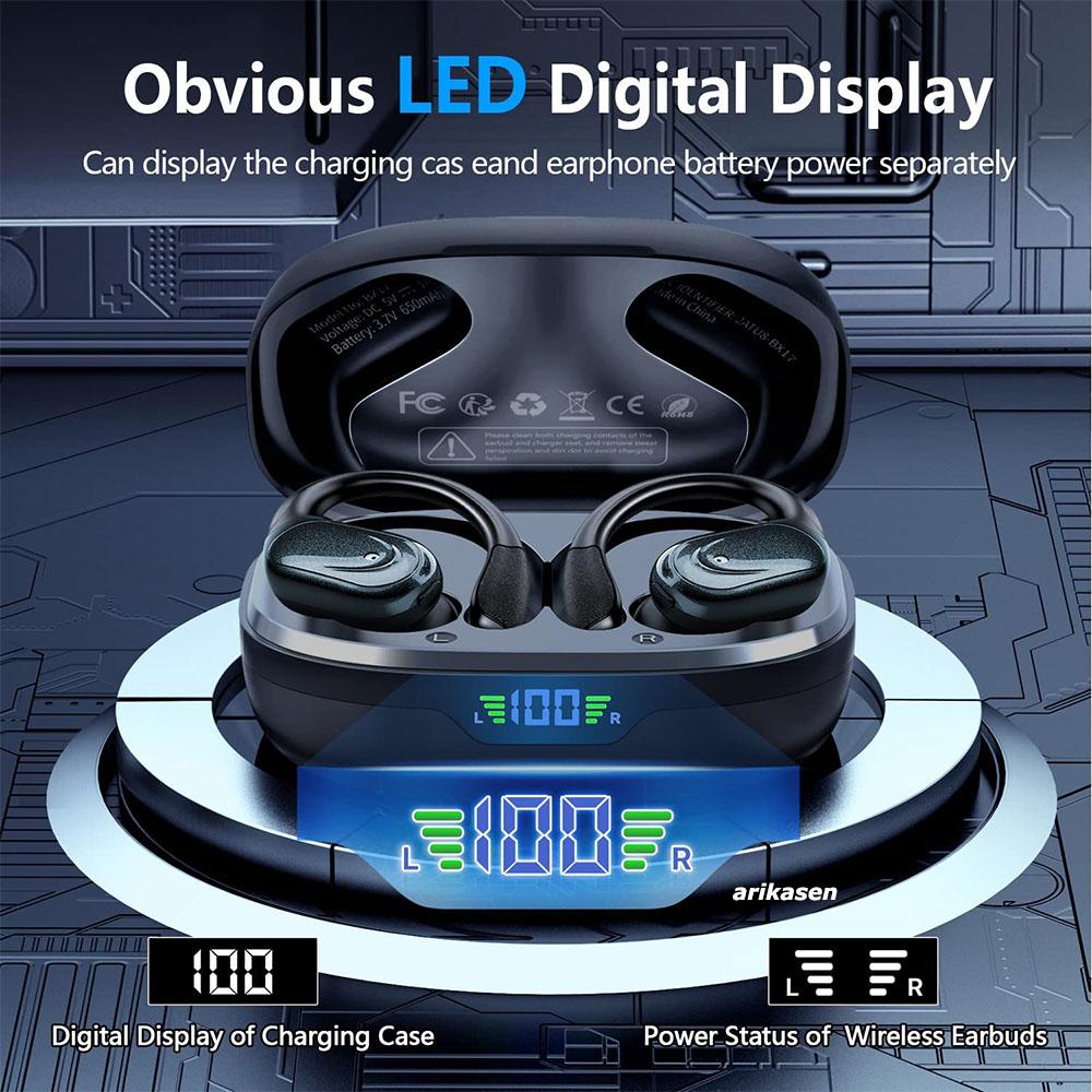 Wireless Earbuds Sport Bluetooth 5.3 Headphones with Noise Cancelling Mic 75H HiFi Stereo Over Ear Bud LED Display USB-C IPX6