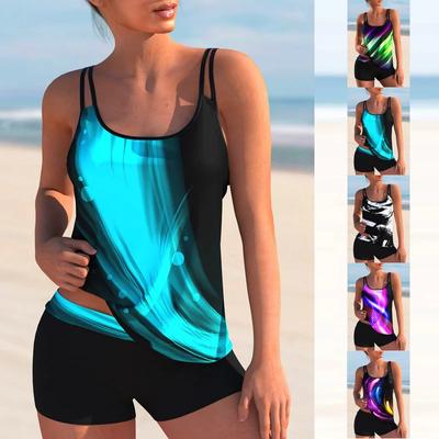Women's Tank Top Quadrangle Pants 2-piece Swimsuit Blue and Black Contrasting Print Tank Top Sexy Holiday Beach Outfit S-6XL
