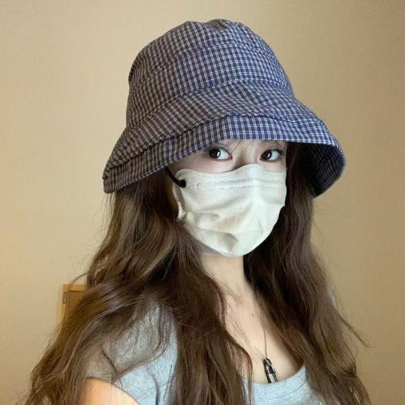 New Summer Women'S Plaid Rolled Brim Bucket Hat Wide-Brimmed Quick-Drying Sun-Protective Hat