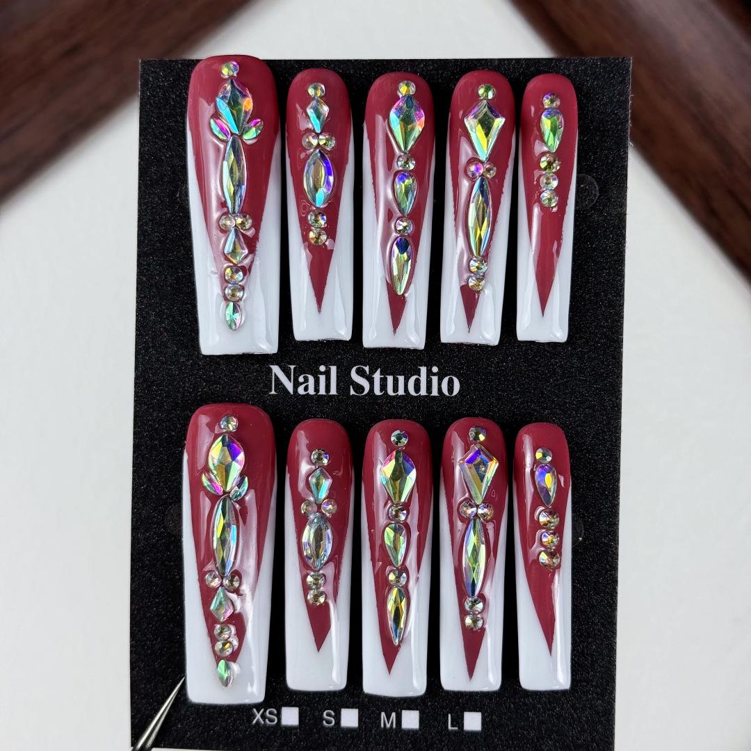 Elegant Long Wine Red Rhinestone Manicure Nails – Pure Handmade, Skin-Whitening French Style Extra Small XS