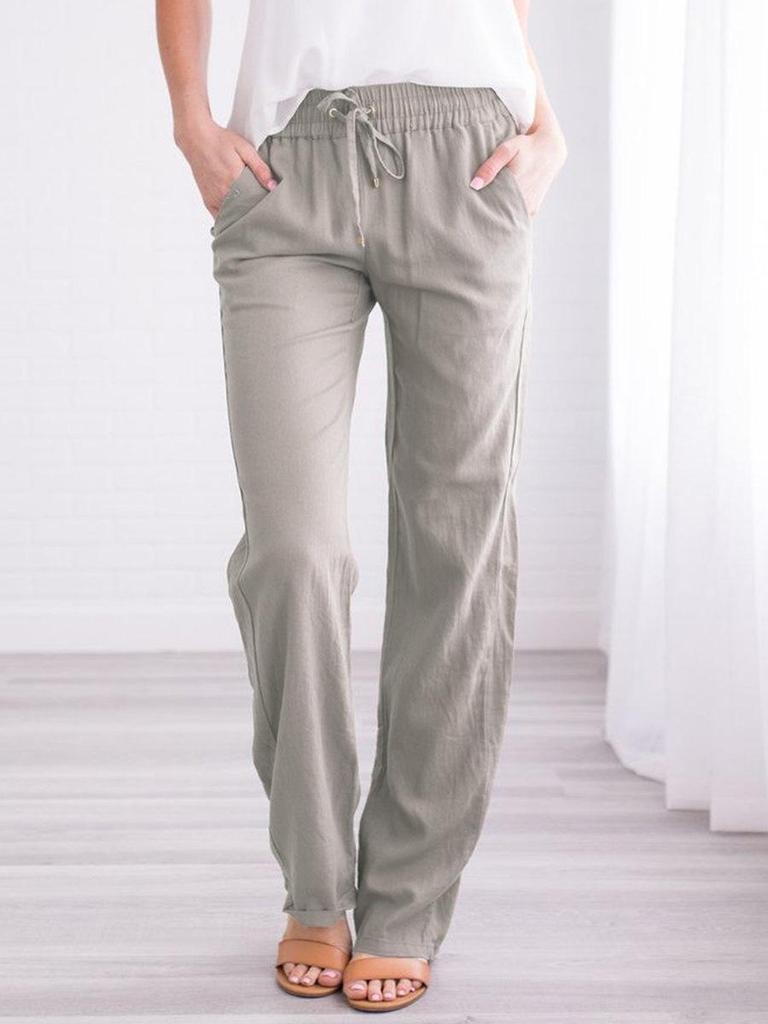 Women's Cotton Linen Drawstring Wide-Leg Pants - Solid Color, Spring/Summer Casual Collection