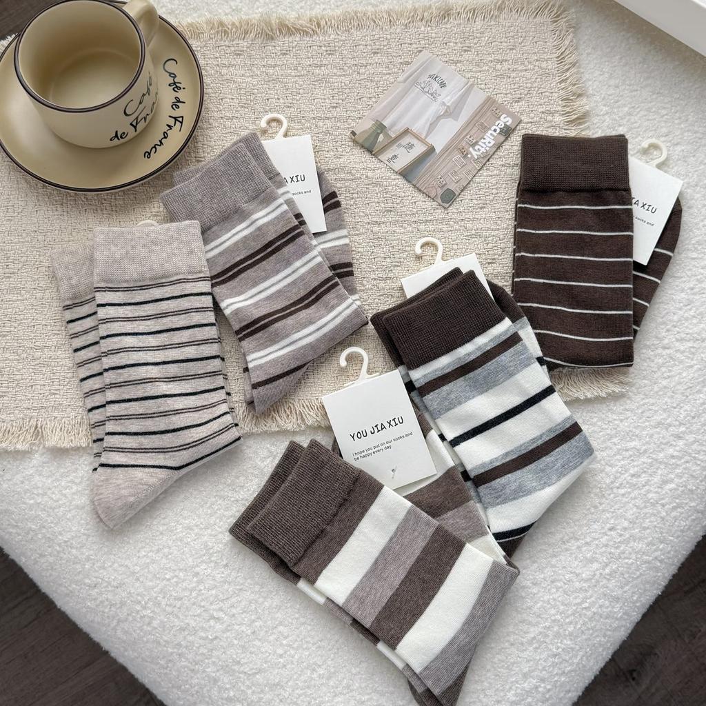 Coffee Striped Socks, Children'S Atmosphere, Wearing Cotton Socks, Versatile Socks, Trendy With Birkenstocks