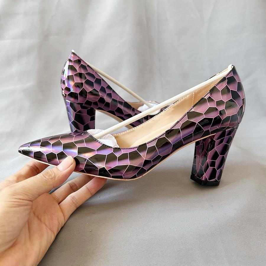 Gemischte Farben Karomuster Mittelhohe Absätze Damen Spitzschuhe Partyschuhe Sexy Designer Pumps Große Größe 33-45