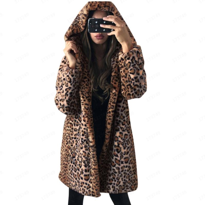 Winter Faux Fur Coat Hooded Leopard Print Luxury Warm Women Jackets Women's Coats Fashion Jacket