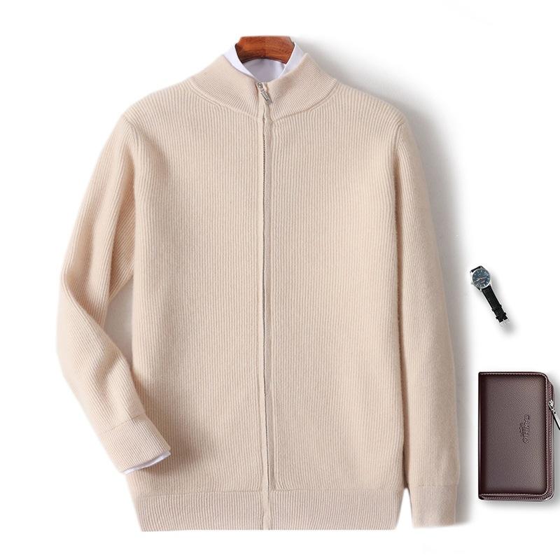 Pure Wool Cardigan Men'S Thickened Half-Height Stand-Up Neck Knitted Sweater Business Casual Simple Cashmere Zipper Jacket