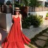Retro Floral Red Suspender Dress Women's Summer New Waist A Word Thin French Temperament Long Dress