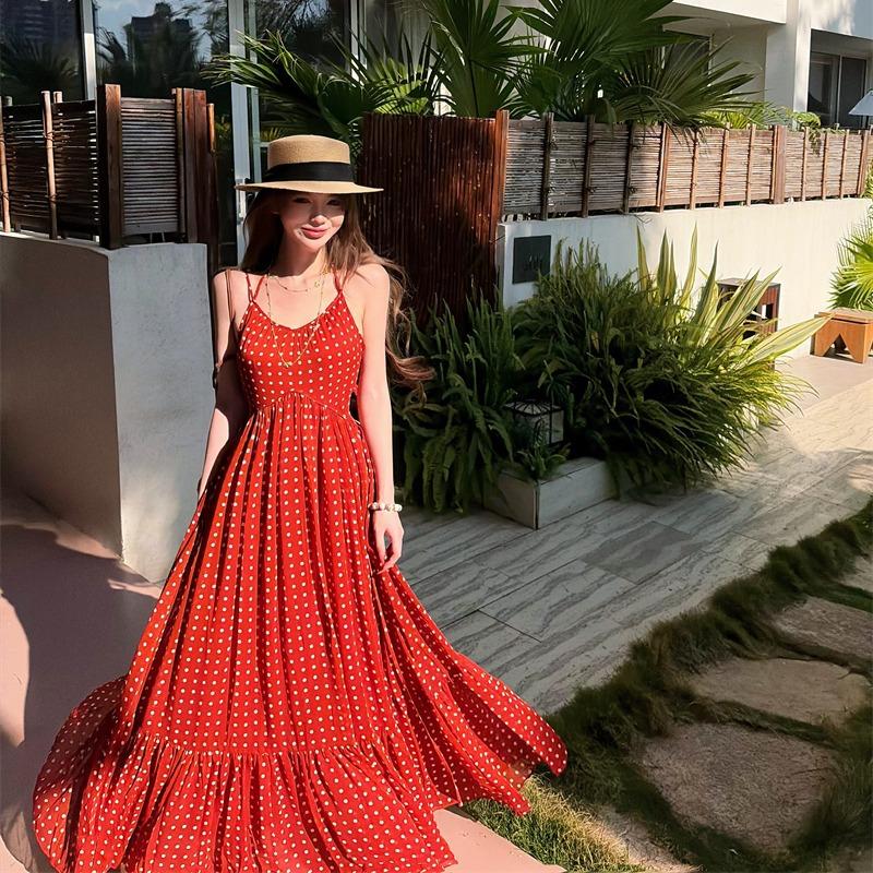 Retro Floral Red Suspender Dress Women's Summer New Waist A Word Thin French Temperament Long Dress