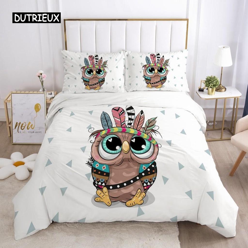 Karikatür Nevresim Takımı Sevimli Baykuş ve Aslan Desenli Hayvan Temalı Yorgan Kılıfı Çocuk Erkek Genç King Boy Mikrofiber Yorgan Kılıfı