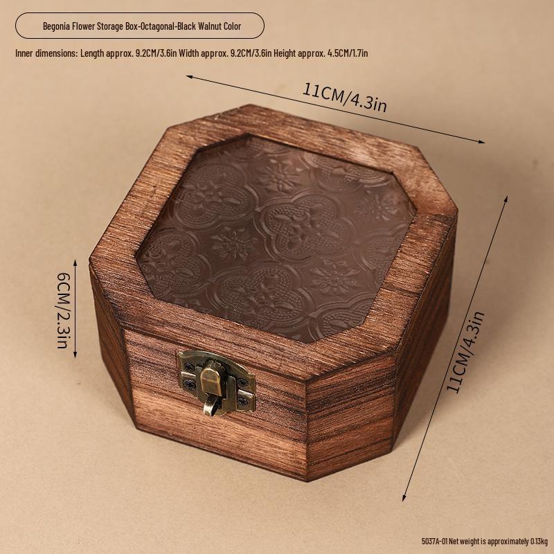 Retro Begonia Glass Lid Wooden Storage Box for Cosmetics, Snacks, Candy, and Documents - Dustproof and Multifunctional