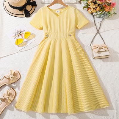 Girls' Dress Summer Children's Clothing French Striped Short Sleeved Waist Cinching Slimming Medium Length Dresses