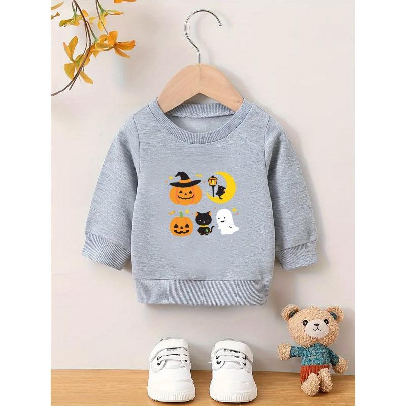Kids Sweatshirt with Ghosts, Bats, Pumpkins & Hearts Print, Machine Washable,Cozy Fall & Spring Outfit ,Durable Casual Playwear for Everyday & Parties
