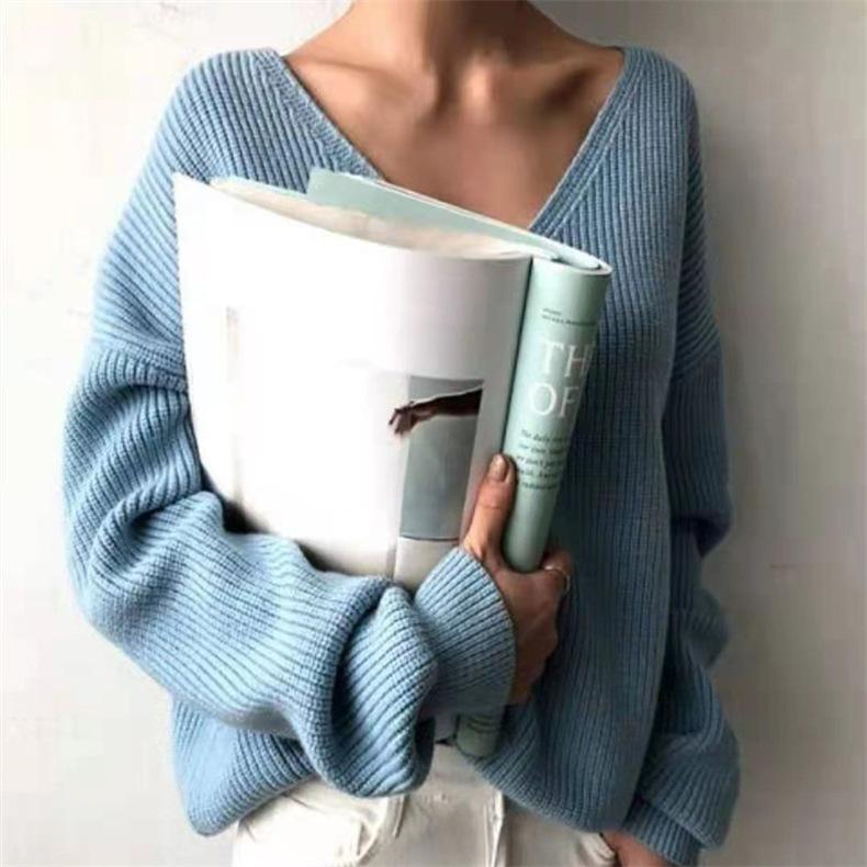Harajuku Solid Irregular V-neck Soft Sweater Autumn Winter Casual Oversized Knitted Sweaters Tops for Women Bottoming Pullover