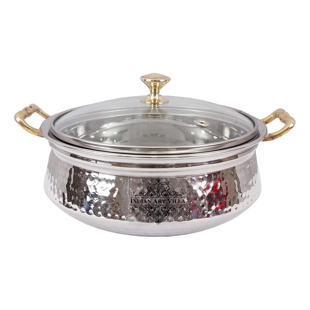 Stainless Steel Hammered Design Handi/Bowl/Casserole with Toughened Glass Lid & Brass Knob & Handles, Volume-400 ml, 1 Piece