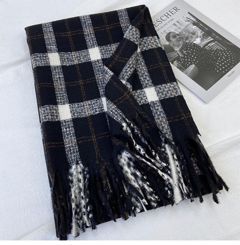 2024 Autumn/Winter Women's Plaid Scarf - Versatile Medium/Long Imitation Cashmere Tassel Shawl