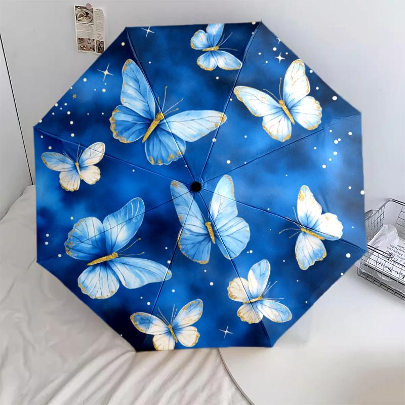 

1 PC Automatic Folding Umbrella - Glowing Blue Butterfly Pattern, Portable & Foldable Design with 8 Ribs, Christmas Birthday Gifts