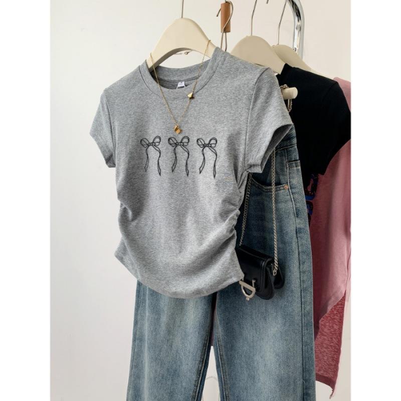 Butterfly gray knot shoulder short-sleeved T-shirt women s summer new popular slim-fit short t-shirt top summer S серый