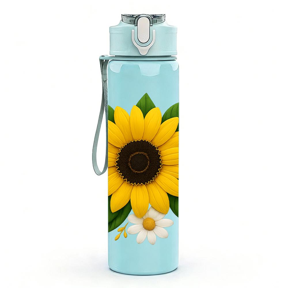 1PC Bright Sunflower Bloom 750ml Color Plastic Sports Water Bottle Leakproof Flip Straw Lid For Sports Office Home Use