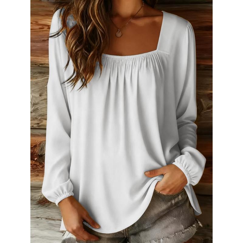 New Women's Solid Color U-neck Pullover Long-sleeved Square Collar Loose Simple Top