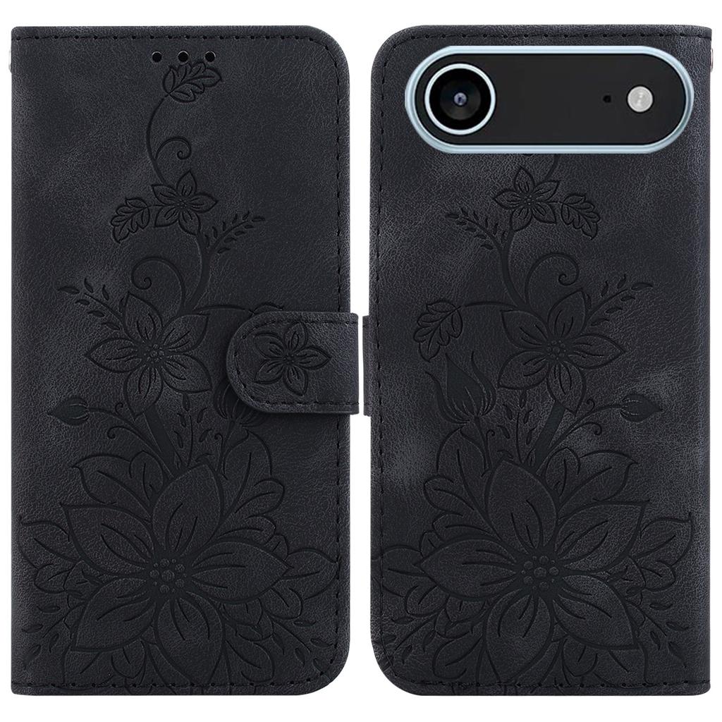 Für iPhone 17 Air Ständerhülle Lily Flower Prägung Leder Handyhülle mit Handschlaufe