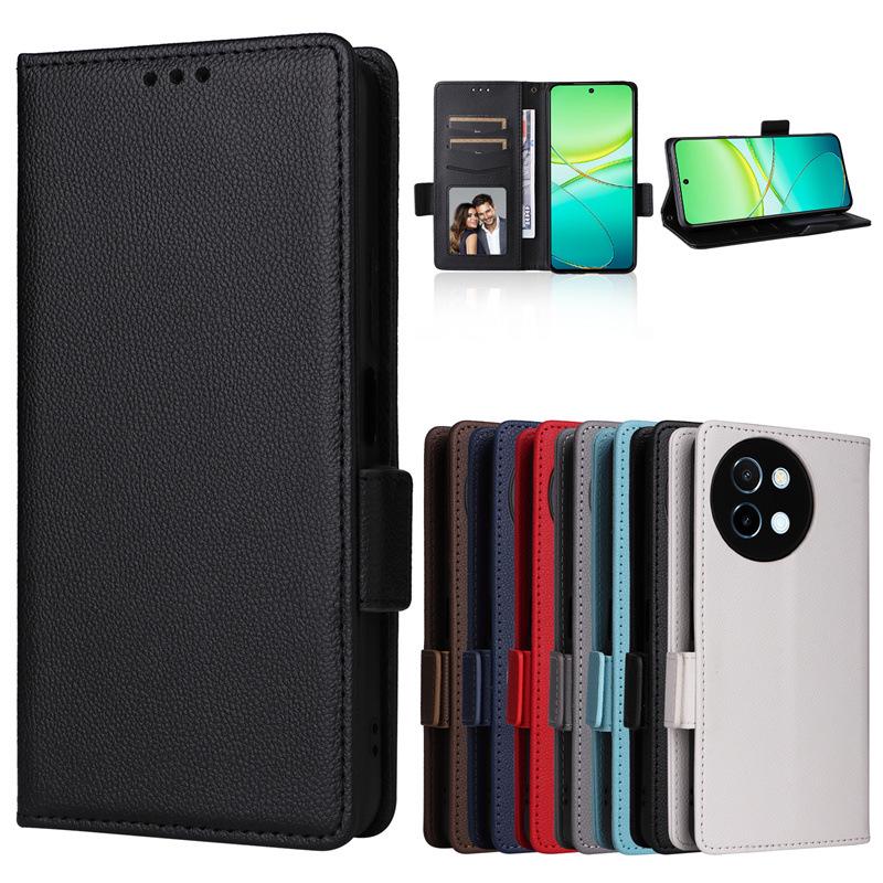 Compatible Leather Flip Case with Card Slot & Lanyard for VIVO Y38/Y58/Y200i 5G; Lychee Grain Design.